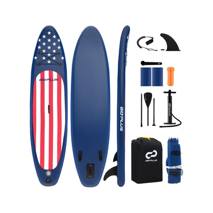 GemGear inflatable paddle board with removable fin and backpack, blue deck with stars on Tampa Home & Garden Store