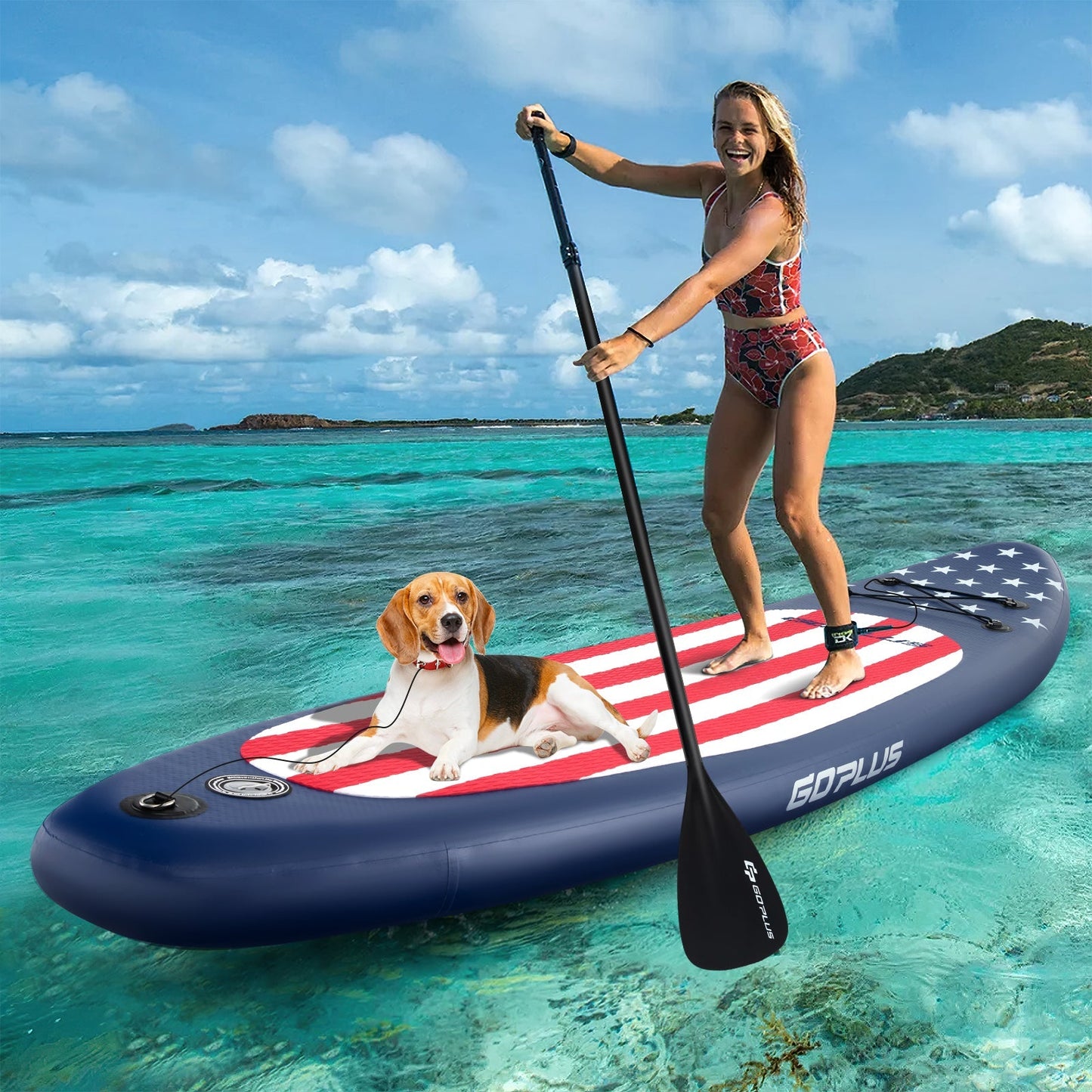 GemGear inflatable paddle board with removable fin and backpack striped deck paddler with dog on Tampa Home & Garden Store