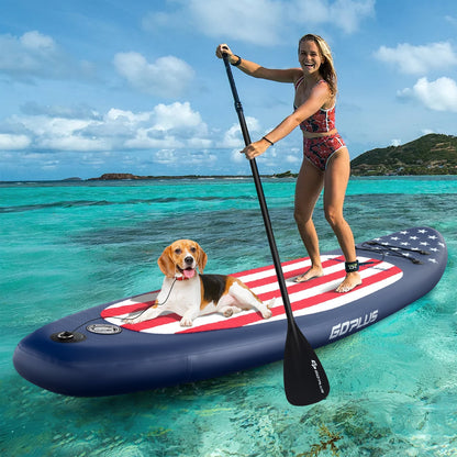 GemGear inflatable paddle board with removable fin and backpack striped deck paddler with dog on Tampa Home & Garden Store