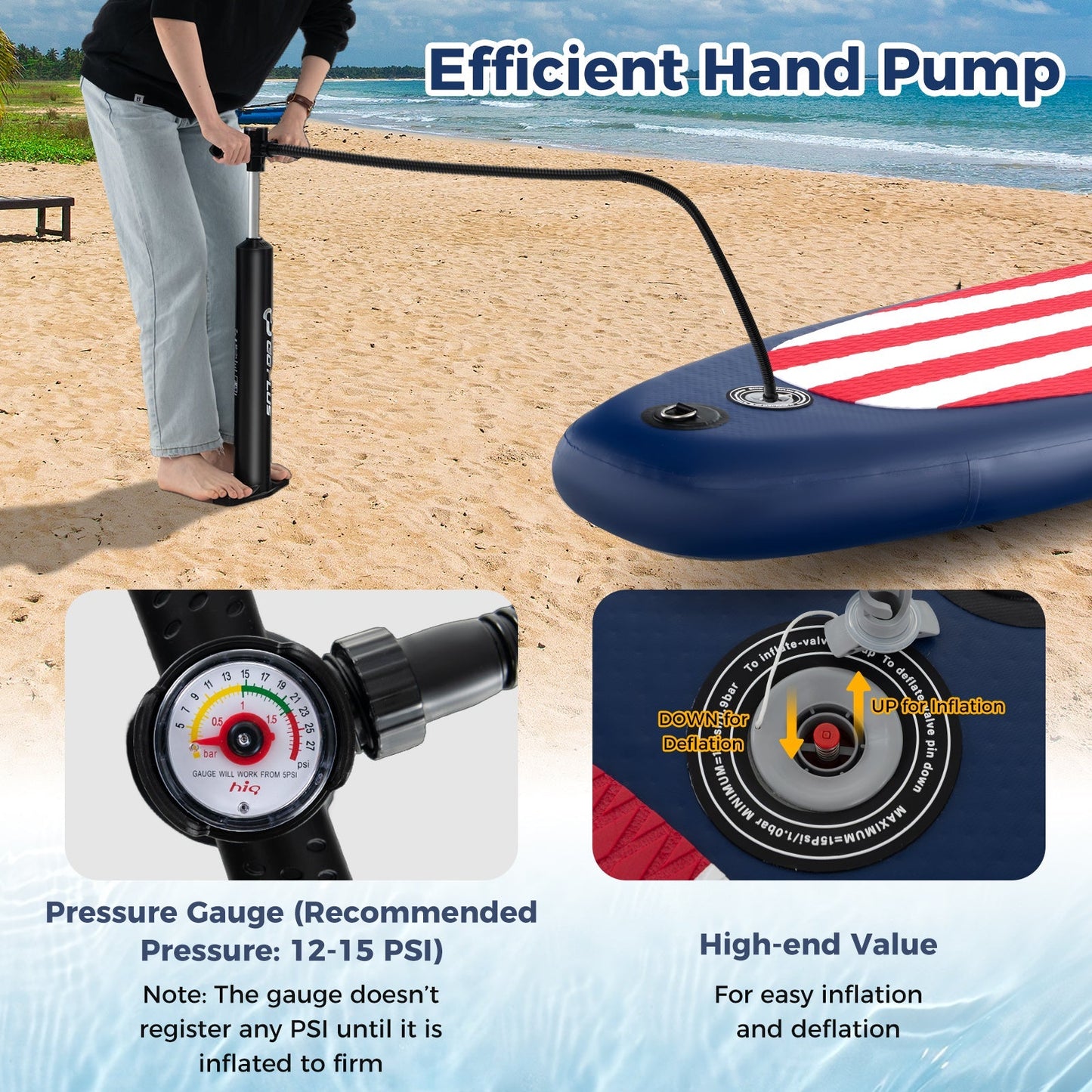 GemGear inflatable paddle board with removable fin on a sandy beach inflated with a pump on Tampa Home & Garden Store