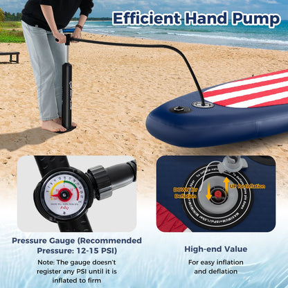 GemGear inflatable paddle board with removable fin on a sandy beach inflated with a pump on Tampa Home & Garden Store