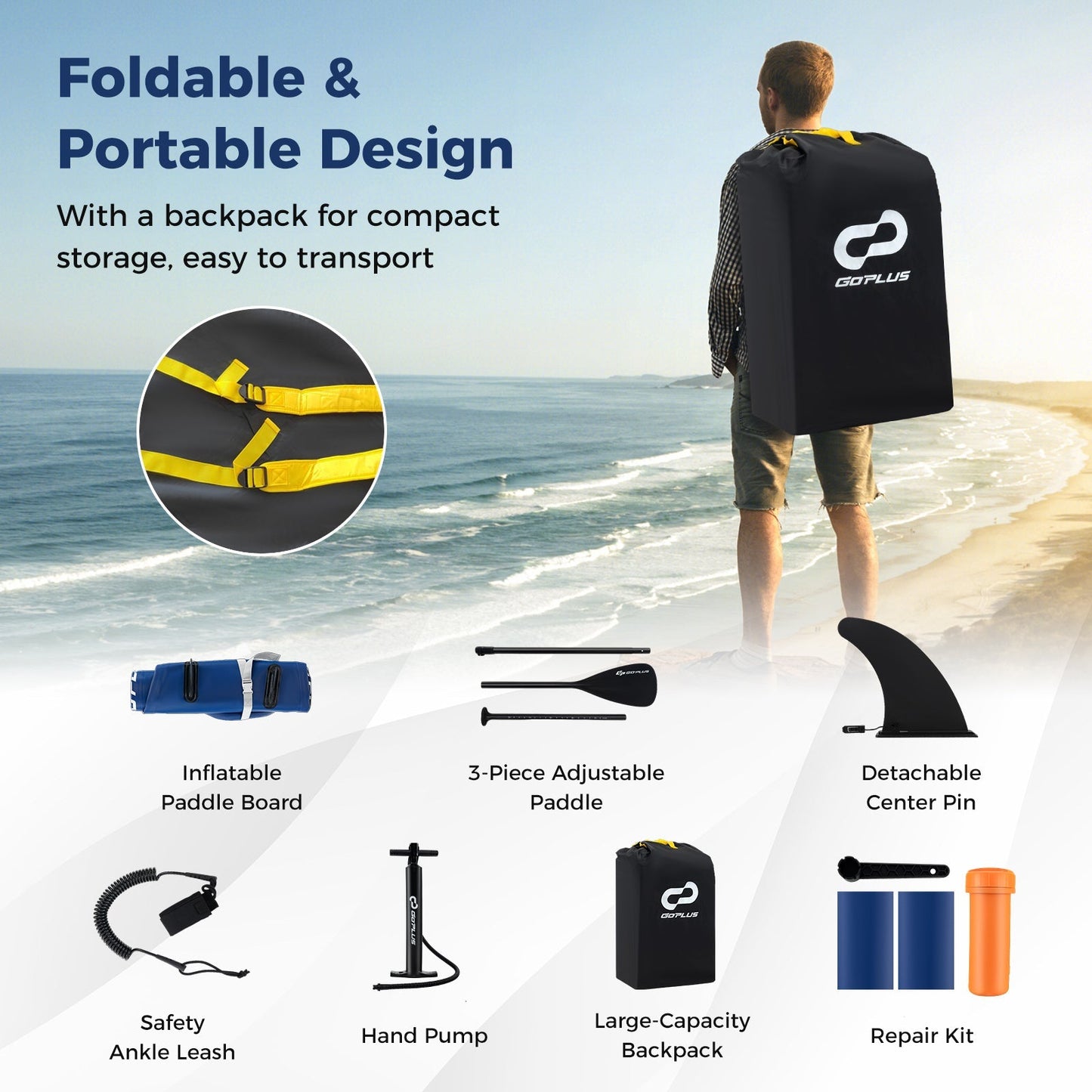GemGear Inflatable Paddle Board with removable fin and black backpack for compact storage on Tampa Home & Garden Store