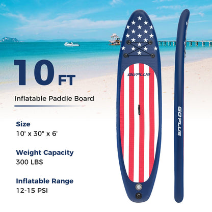 GemGear inflatable paddle board 10 ft blue with stars and red stripes removable fin and backpack on Tampa Home & Garden Store