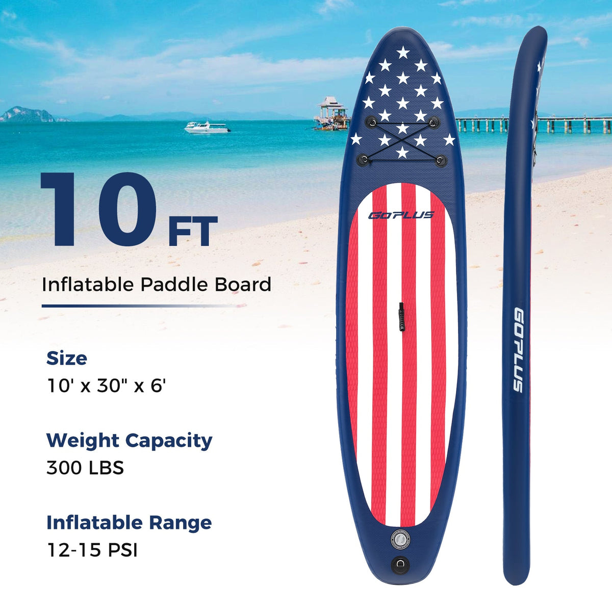 Inflatable Paddle Board with Removable Fin and Backpack, blue star-spangled deck by GemGear on Tampa Home & Garden Store