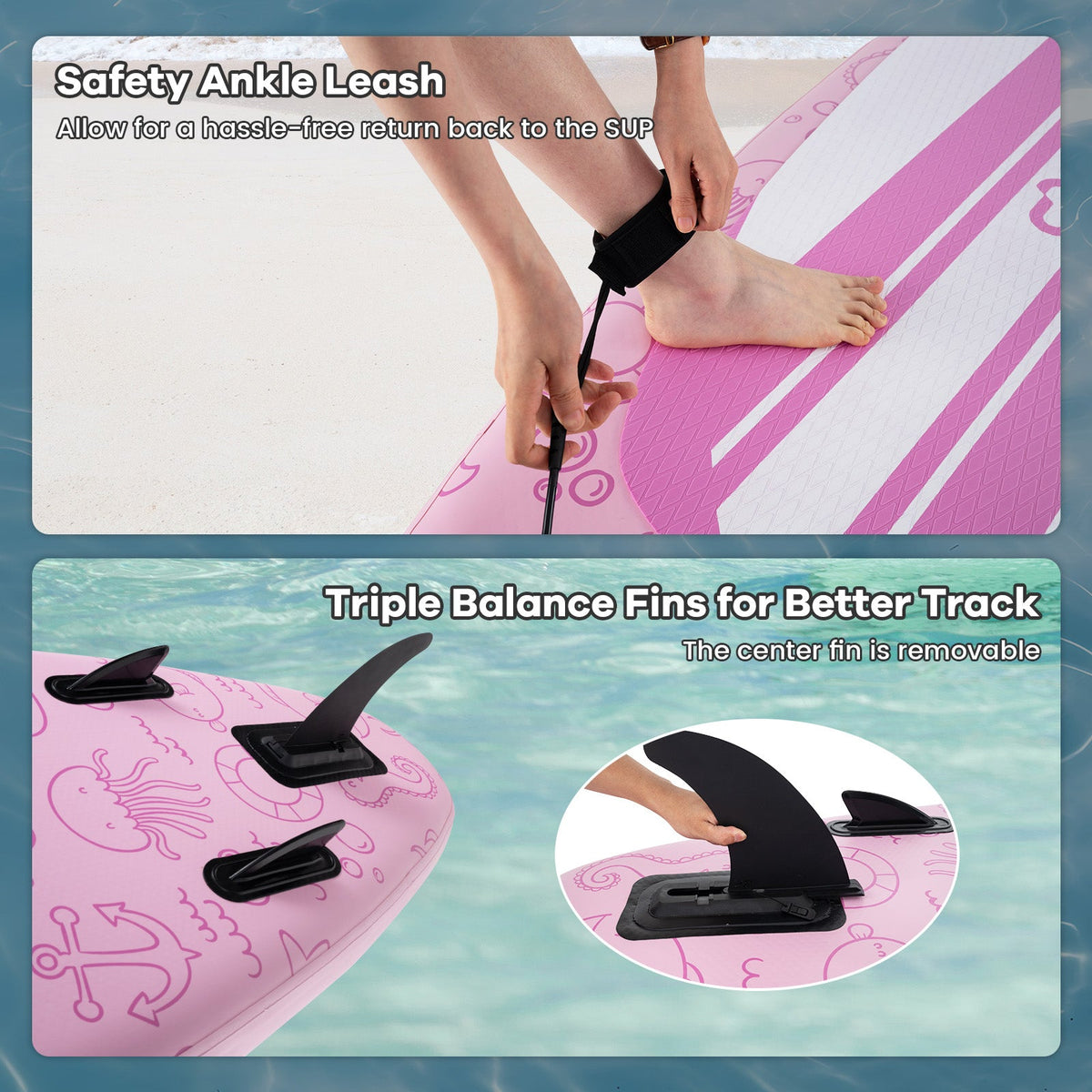 Pink inflatable stand up paddle board with three fins and ankle leash on sandy beach on Tampa Home & Garden Store