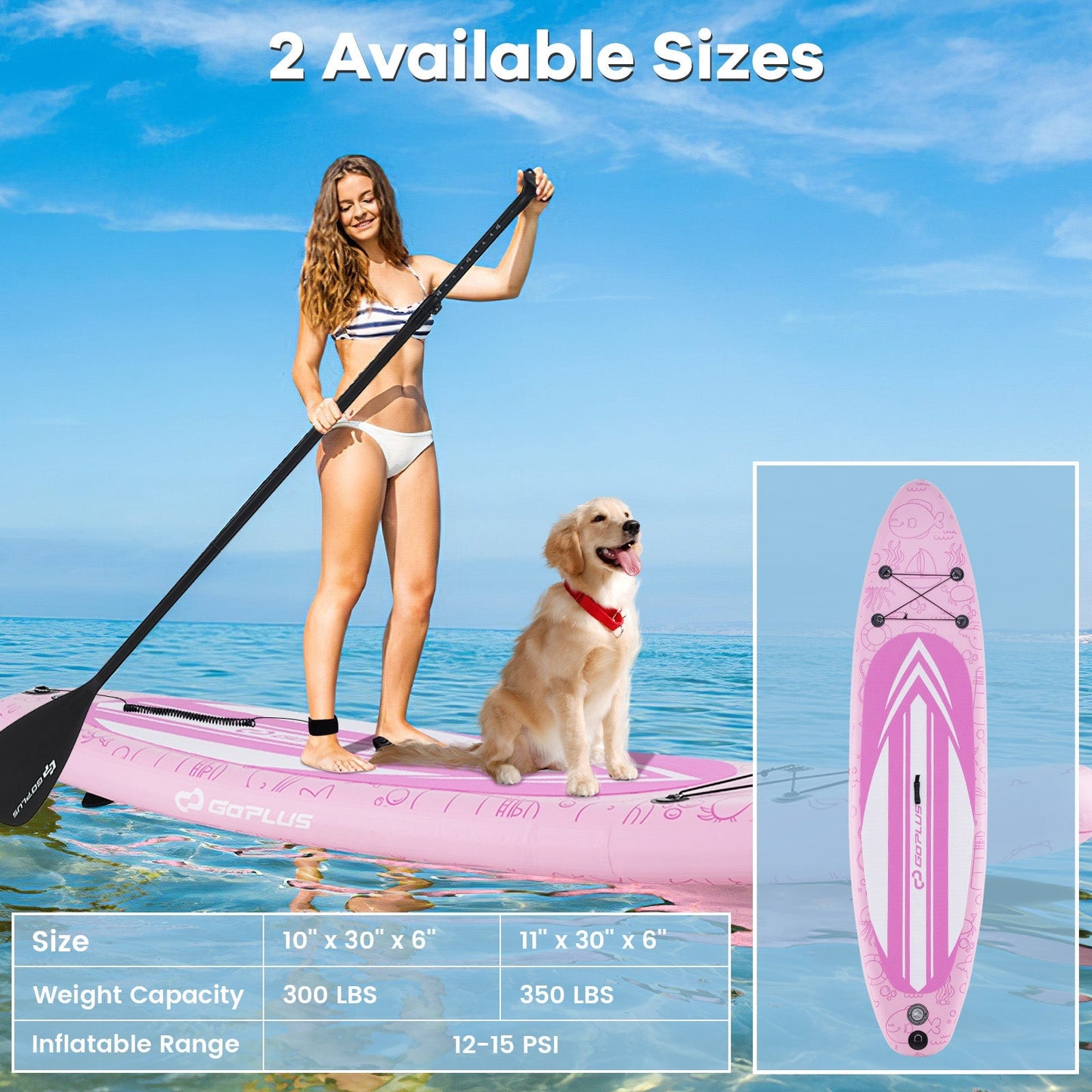 GemGear inflatable SUP board with 3 fins and backpack, pink deck, paddling with a dog on Tampa Home & Garden Store