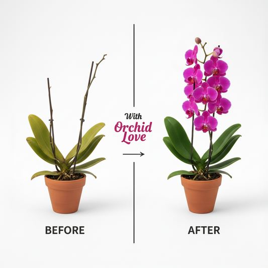 Orchid Love orchid fertilizer by GS Plant Foods; before and after with pink blooms in twin pots on Tampa Home & Garden Store