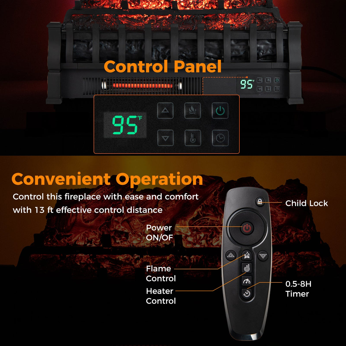 Electric fireplace control panel and remote in black with 95°F display and adjustable 3D flame color DirectDeals on Tampa Home & Garden Store