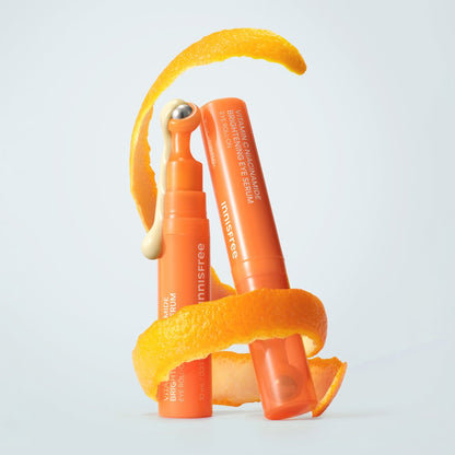 innisfree Vitamin C Niacinamide Brightening Eye Serum duo tubes in orange with orange peel swirl on Tampa Home & Garden Store