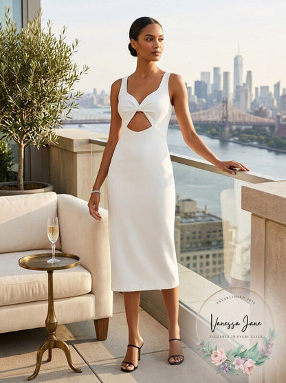 Aqua Stunning Cutout Midi Dress white by Vanessa Jane, new with tags V-neck waist cutout on Tampa Home & Garden Store