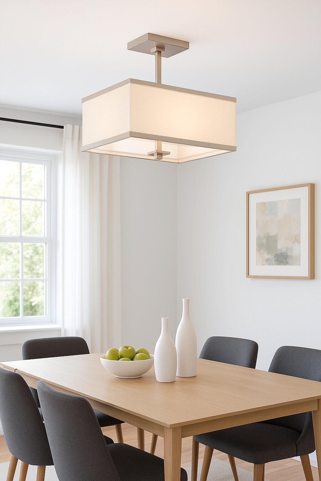 Menlo Park 4-Light semi-flush ceiling fixture with brushed nickel and white shade by Vanessa Jane on Tampa Home & Garden Store