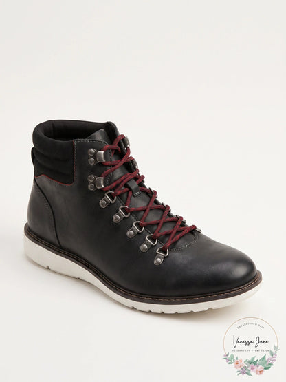 Kenneth Cole Reaction Casino Lace-Up Chukka Boots, black leather upper, burgundy laces on Tampa Home & Garden Store