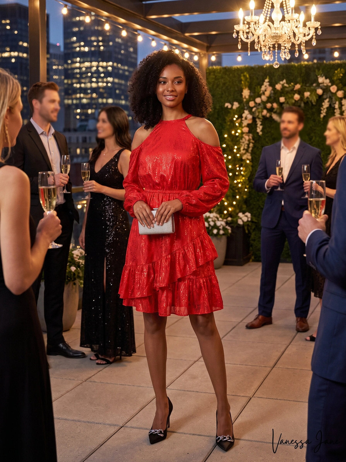 Vanessa Jane printed red cold-shoulder dress with ruffle tiers on Tampa Home & Garden Store