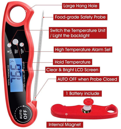 Stevvex 2-in-1 instant digital meat thermometer, red handheld with probe, backlit LCD, auto-off on Tampa Home & Garden Store