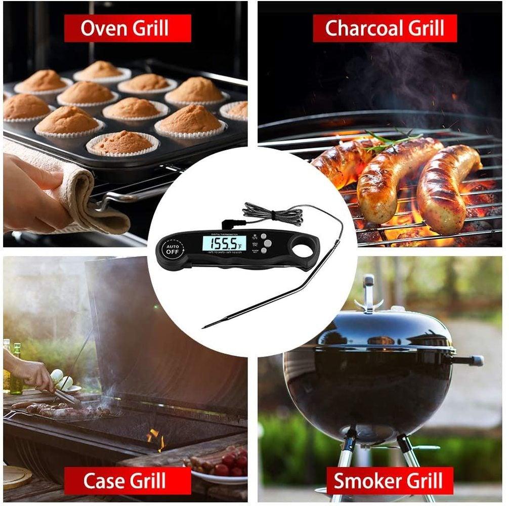 Instant read meat thermometer Stevvex, black 2-in-1 digital with probe, grill collage on Tampa Home & Garden Store