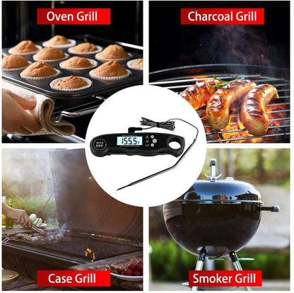 Instant read meat thermometer Stevvex, black 2-in-1 digital with probe, grill collage on Tampa Home & Garden Store