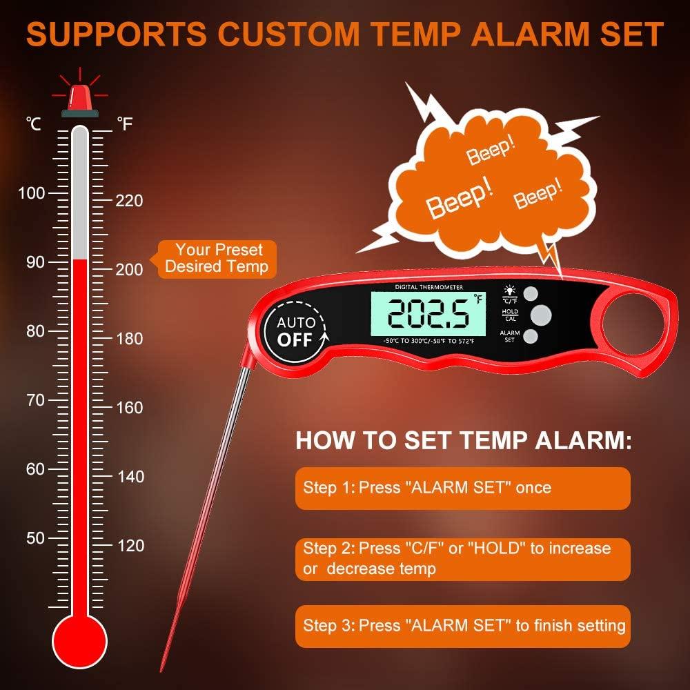 Stevvex red digital meat thermometer with LCD readout 202.5°F and analog thermometer graphic on Tampa Home & Garden Store
