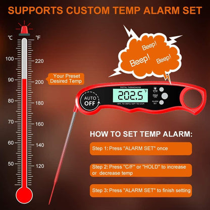 Stevvex red digital meat thermometer with LCD readout 202.5°F and analog thermometer graphic on Tampa Home & Garden Store