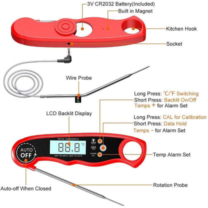 Stevvex red instant-read digital meat thermometer with long stainless probe and LCD display on Tampa Home & Garden Store