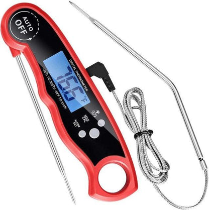 Red digital instant-read meat thermometer with dual stainless probes and blue LCD display on Tampa Home & Garden Store