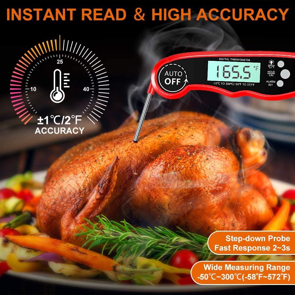 Stevvex Instant Read Meat Thermometer with red body and step-down probe checking a roasted turkey on Tampa Home & Garden Store