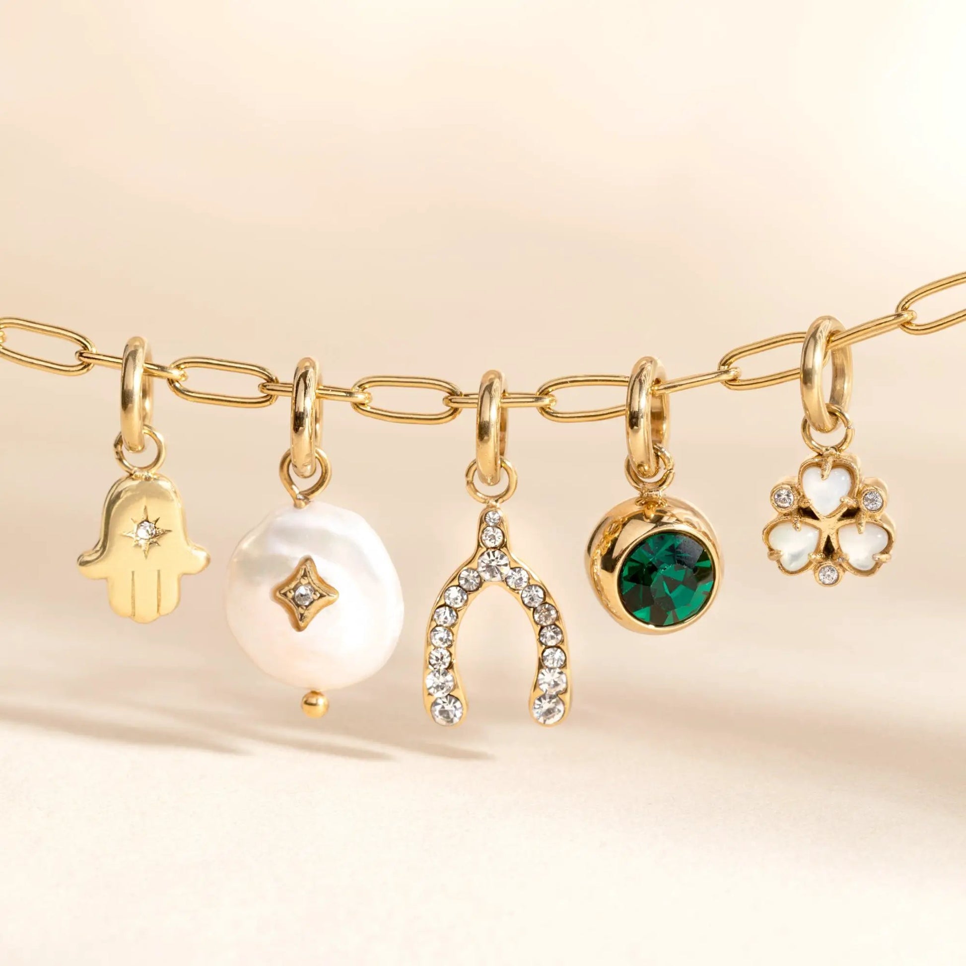 Pearl Interchangeable Charm on gold-tone chain with white pearl and crystal accents on Tampa Home & Garden Store
