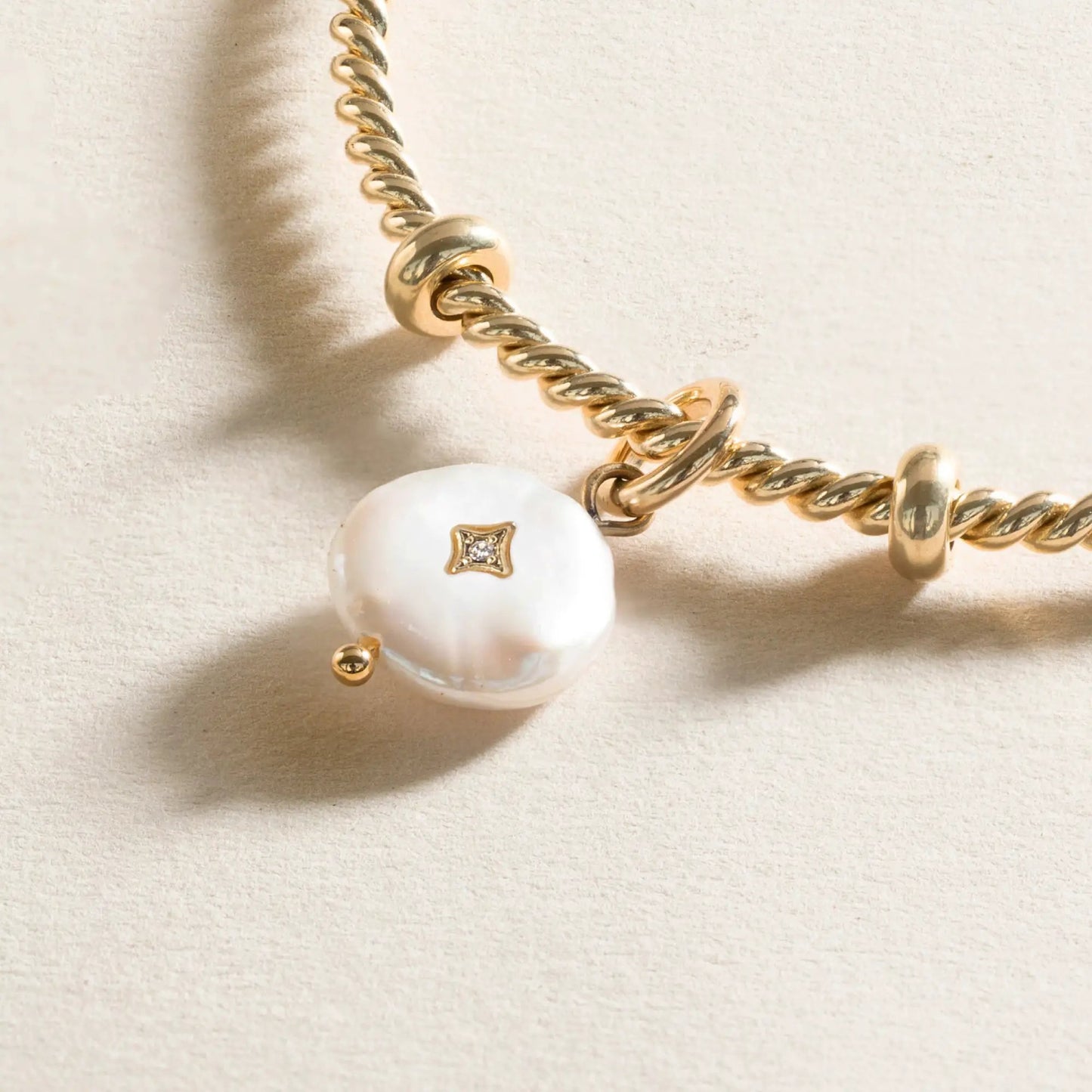 Pearl Interchangeable Charm by Alex and Ani on gold chain with white pearl and diamond star on Tampa Home & Garden Store