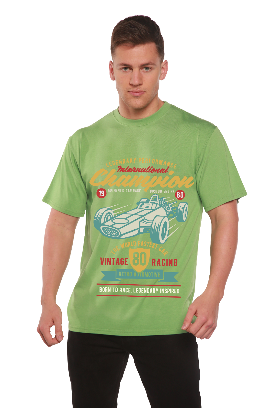 Men's bamboo T-shirt green with retro race car print by Spun Bamboo on Tampa Home & Garden Store