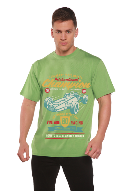 Men's bamboo T-shirt green with retro race car print by Spun Bamboo on Tampa Home & Garden Store