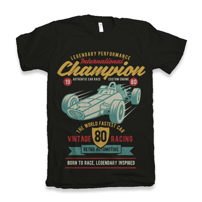 Men's black graphic T-shirt with vintage racing car art and retro typography on Tampa Home & Garden Store