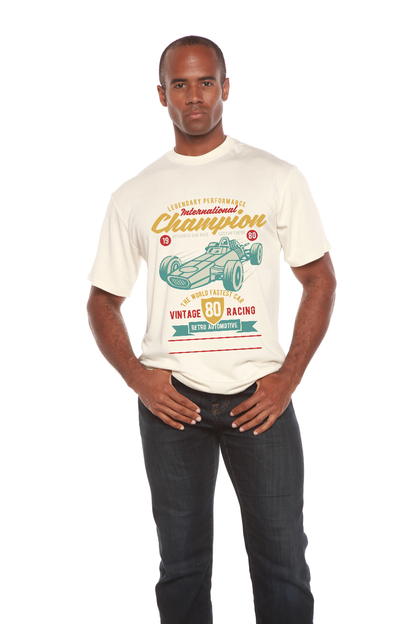 International Champion men's bamboo tee, cream with teal race car print on Tampa Home & Garden Store