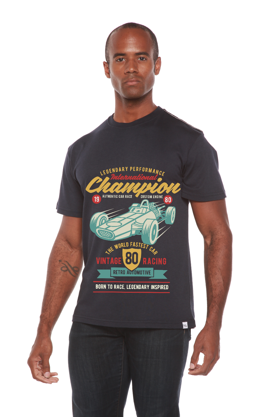 International Champion men's bamboo viscose organic cotton graphic T-shirt with teal race car on Tampa Home & Garden Store