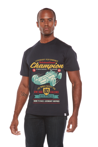 International Champion men's bamboo viscose organic cotton graphic T-shirt with teal race car on Tampa Home & Garden Store