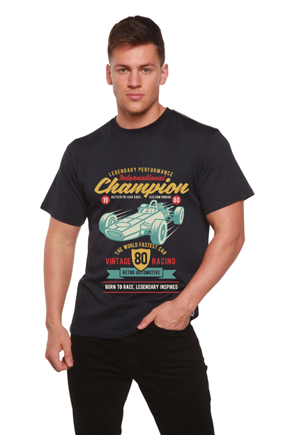 Men's navy short sleeve graphic T-shirt by Spun Bamboo with vintage racing car design on Tampa Home & Garden Store
