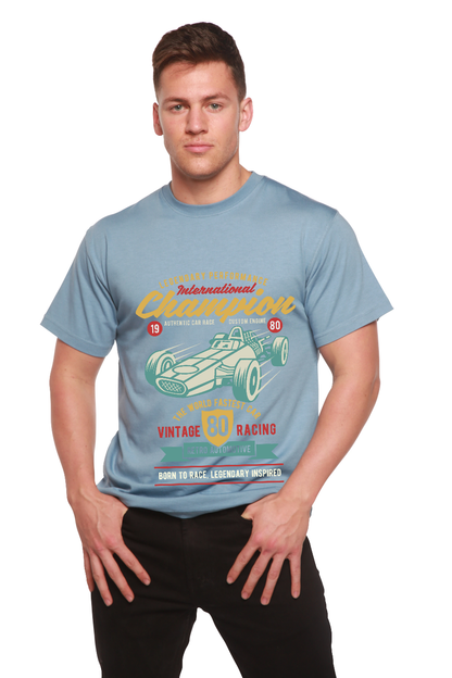 International Champion men's graphic T-shirt light blue with vintage race car print Spun Bamboo on Tampa Home & Garden Store