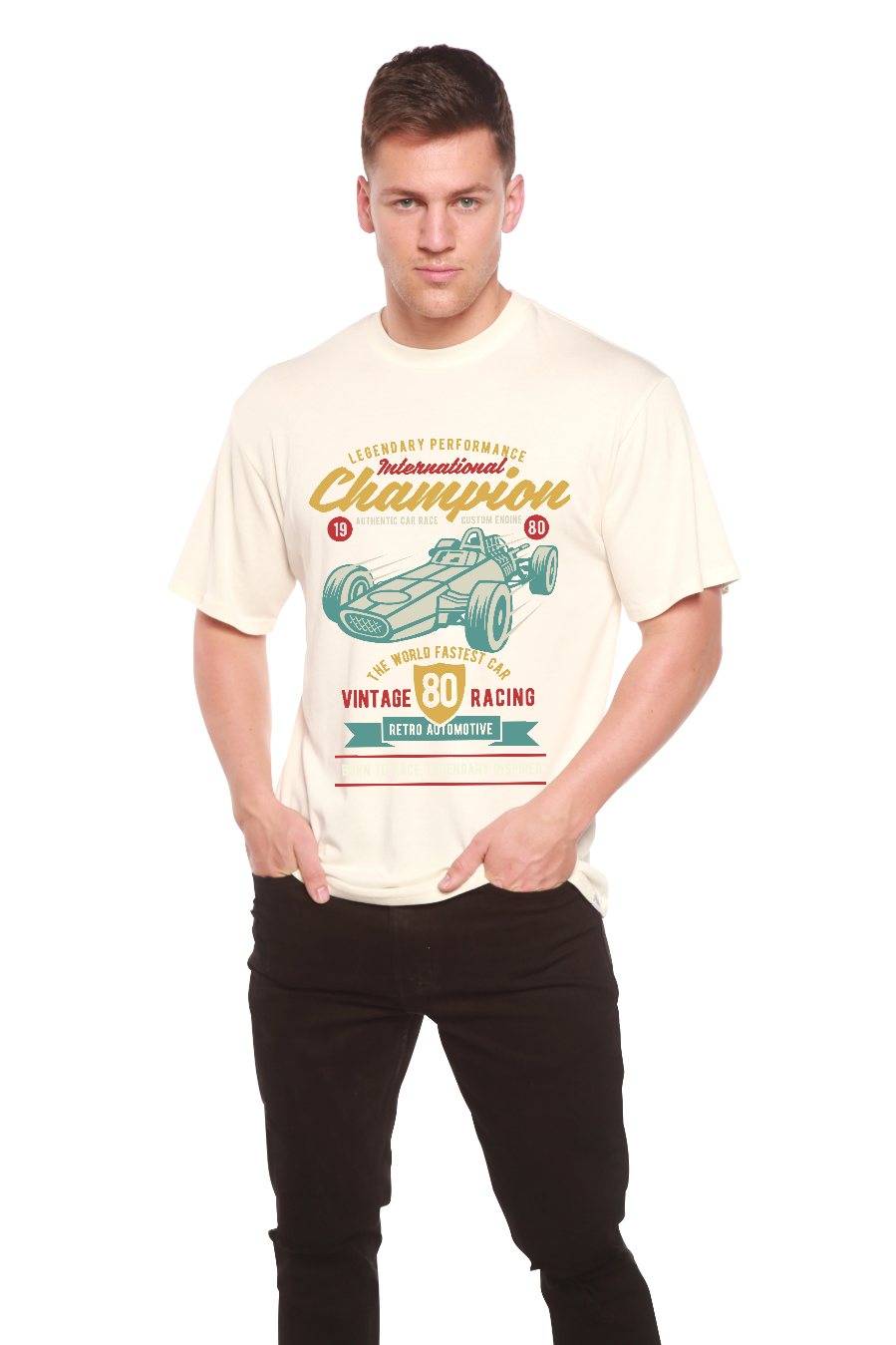 Men's cream short-sleeve graphic T-shirt by Spun Bamboo with vintage race car print on Tampa Home & Garden Store