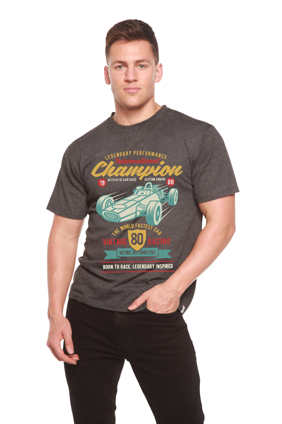Men's graphic tee, bamboo viscose organic cotton, charcoal gray with teal racecar print on Tampa Home & Garden Store
