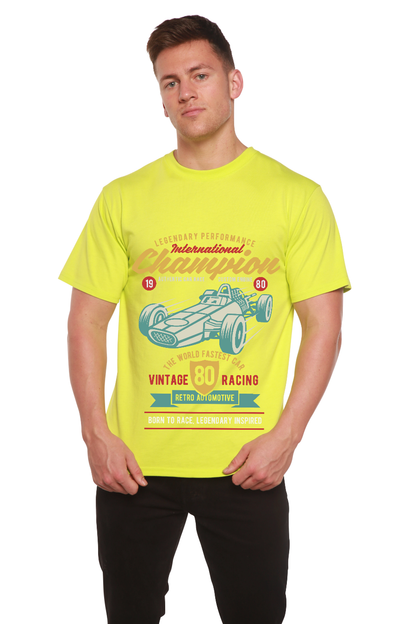 Mens neon yellow graphic T-shirt by Spun Bamboo with vintage race car print on Tampa Home & Garden Store