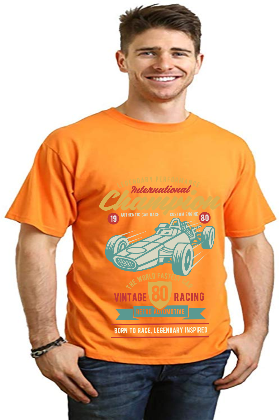 Orange men's bamboo graphic T-shirt with teal vintage race car print by Spun Bamboo on Tampa Home & Garden Store