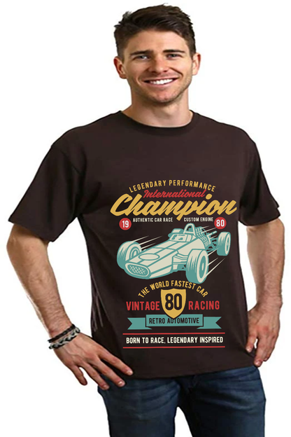 Men's graphic T-shirt International Champion in black with retro race car, Spun Bamboo blend on Tampa Home & Garden Store