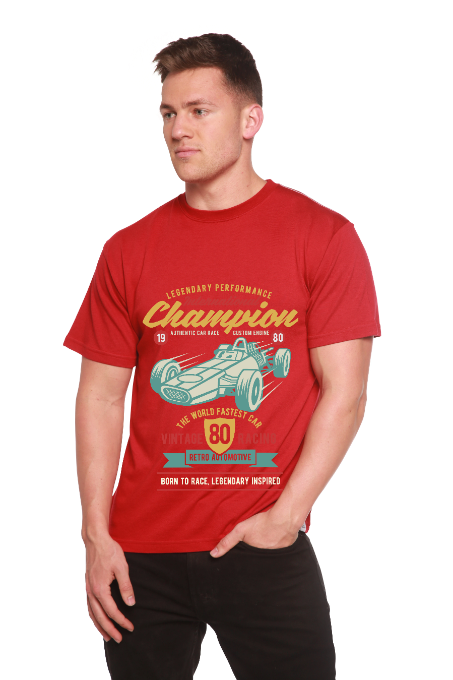 International Champion by Spun Bamboo viscose/organic cotton T-shirt in red with teal race car on Tampa Home & Garden Store