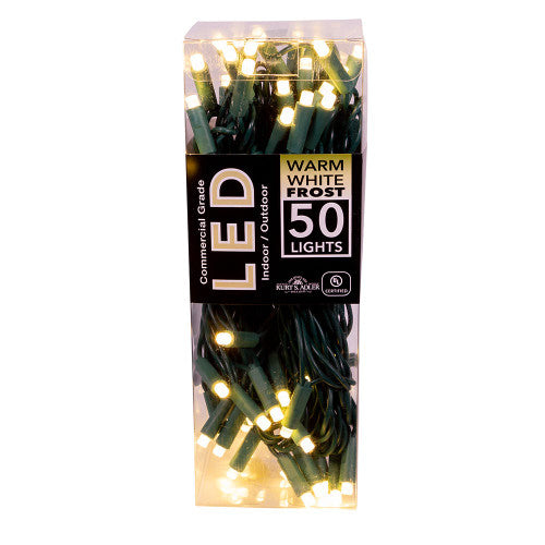 LED 50-light warm white frosted string lights on green wire by The Country Christmas Loft on Tampa Home & Garden Store