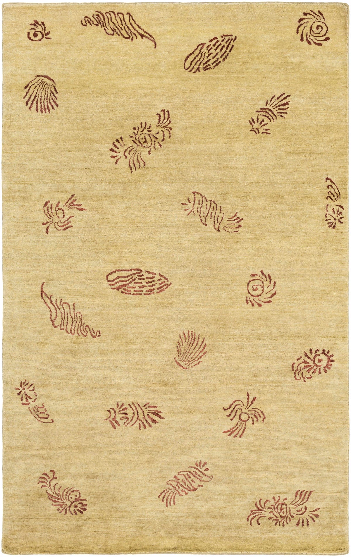 Yellow premium thick wool rug by Boutique Rugs with maroon abstract motifs on Tampa Home & Garden Store