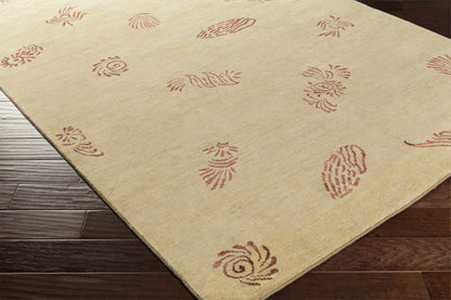 Yellow Premium Thick Wool Rug by Boutique Rugs, beige field with red scroll motifs, rugs on Tampa Home & Garden Store