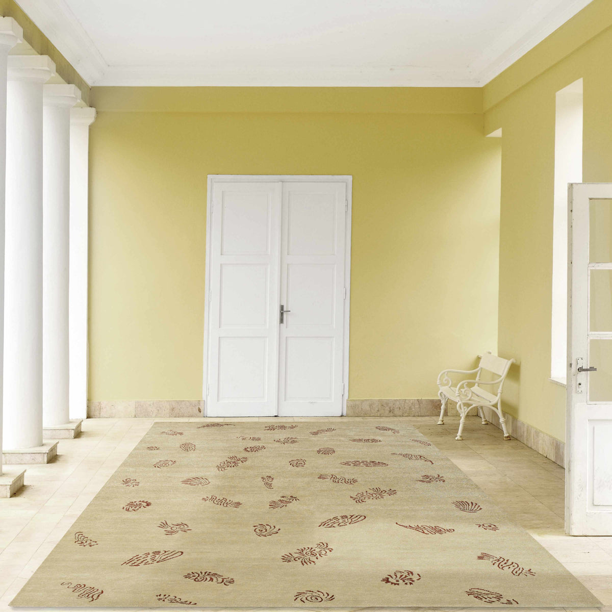 Yellow Premium Wool Rug beige hallway runner with red motifs on Tampa Home & Garden Store
