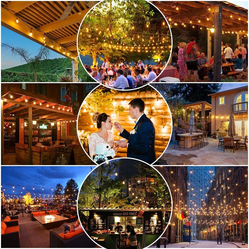 Stevvex IP65 LED string lights with daylight white retro filament bulbs for outdoor events on Tampa Home & Garden Store