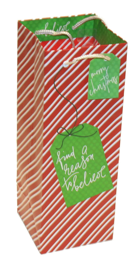 Heavyweight Bottle Gift Bag with cord handles, red striped pattern and green Christmas tag on Tampa Home & Garden Store