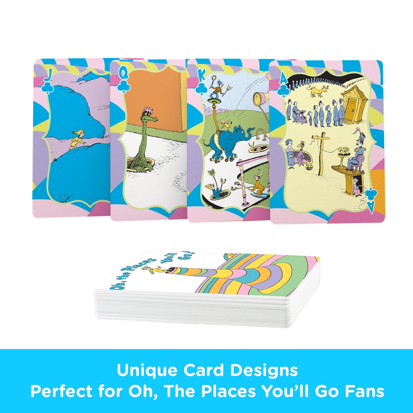 Oh The Places You'll Go! playing cards deck by The Country Christmas Loft, colorful club-suit illustrations on Tampa Home & Garden Store