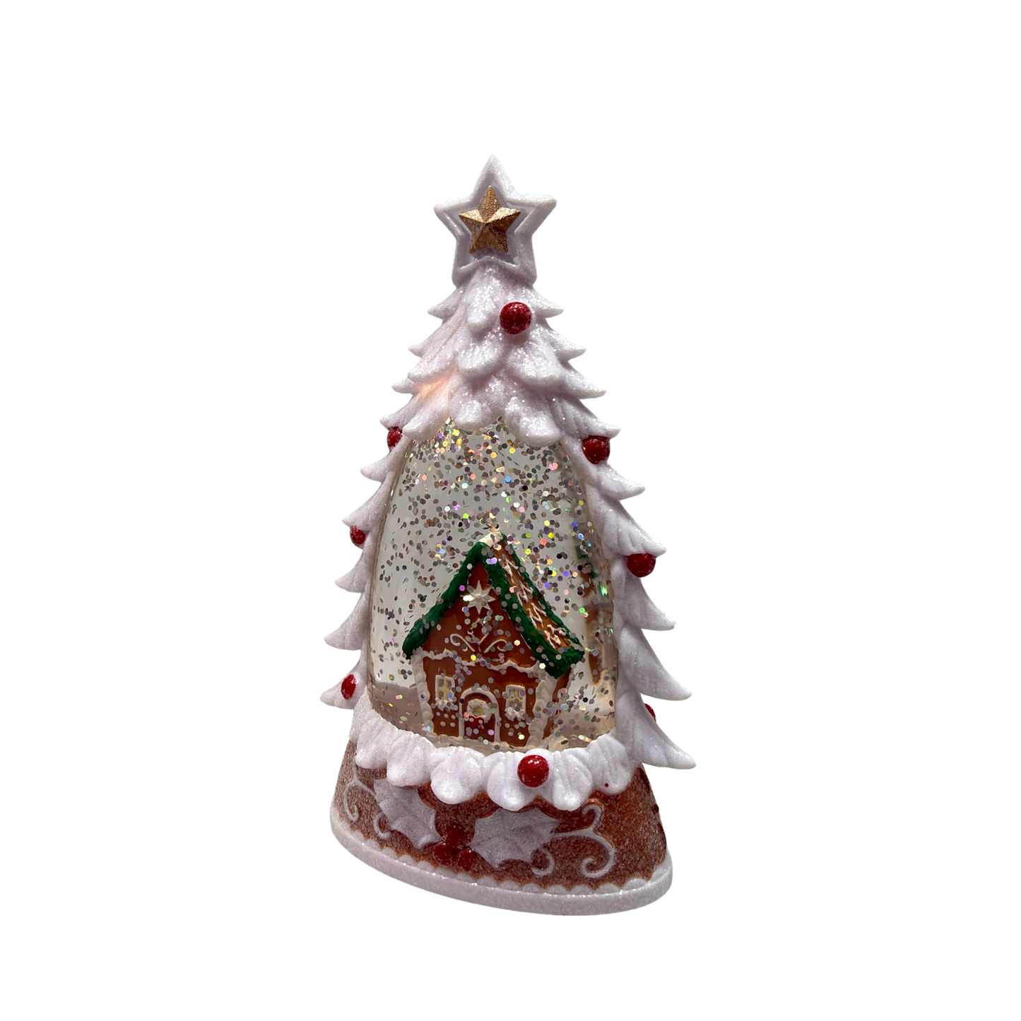 Lighted gingerbread house water globe with a frosted white tree and gold star topper on Tampa Home & Garden Store