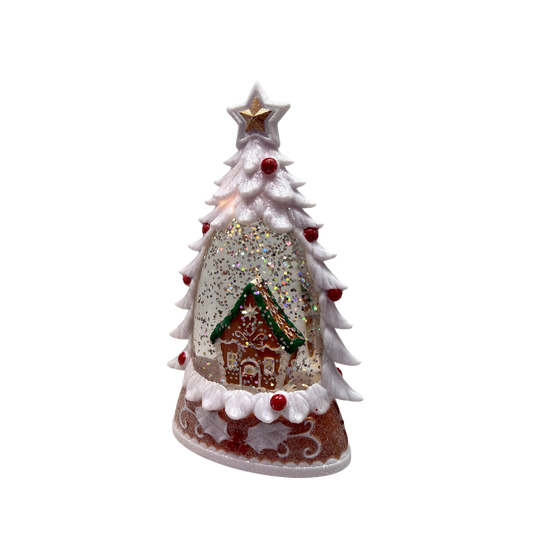Lighted gingerbread house water globe with a frosted white tree and gold star topper on Tampa Home & Garden Store